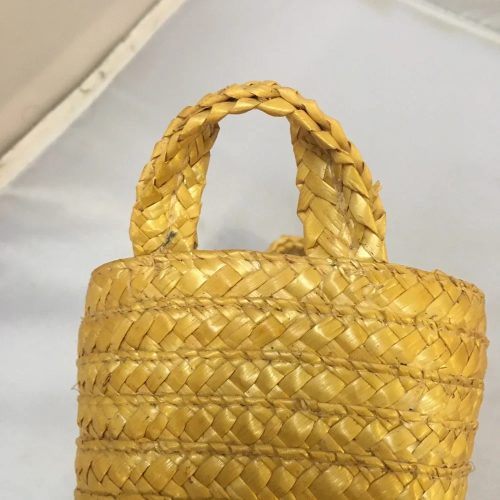 Mini Woven Straw Basket Small Yellow Braided Decor Tote Organization Storage